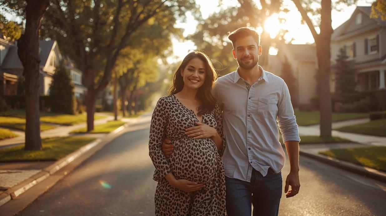 Expecting couple enjoys peaceful neighborhood walk while imagining future family life together.